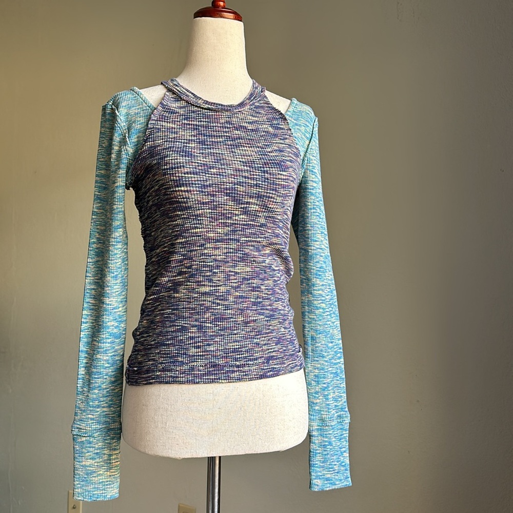 Free People WE THE FREE Space Dye Long Sleeve Cut-Out T-Shirt in Blue Size Small